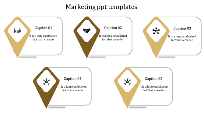 Marketing PowerPoint template with five gold and brown diamond shaped icons featuring various captions.