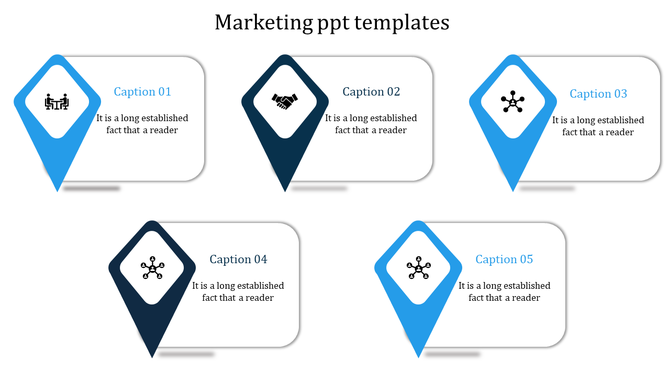 Marketing template with five location marker-shaped elements in blue and navy, each connected to a rectangular text box. 