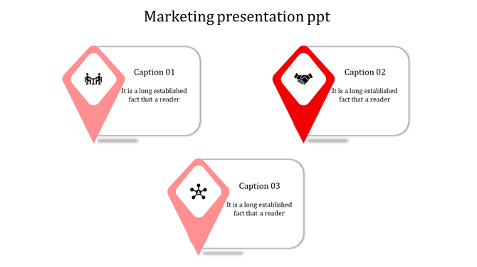 Marketing PowerPoint template with pink and red diamond icons and captions for business topics.