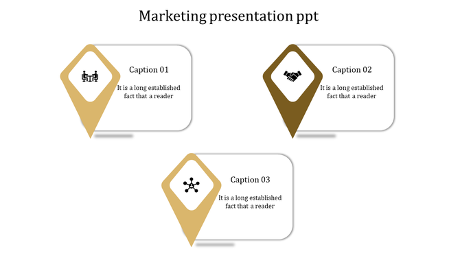 Marketing template with three gold and brown location pin elements, each linked to a text box with business-related icons.