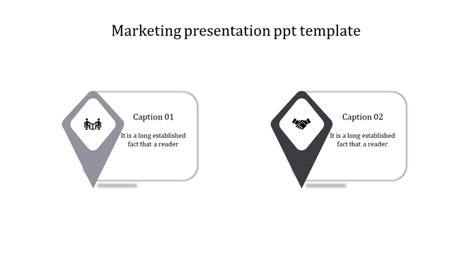 Minimalistic marketing PowerPoint template featuring two diamond shaped icons with corresponding captions.