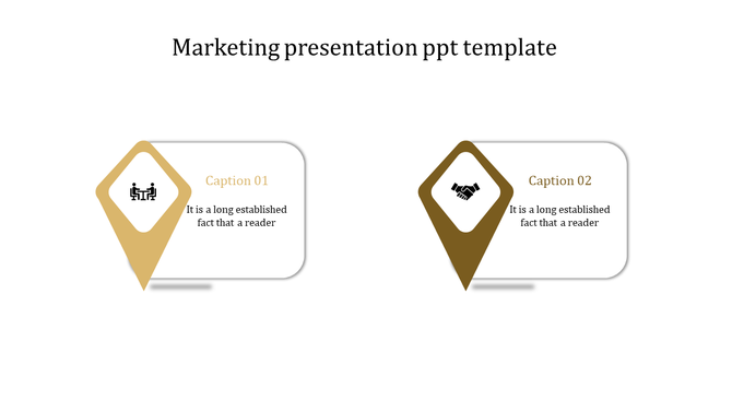 Marketing template with two yellow and brown location pin elements, each linked to a text box with business-related icons.