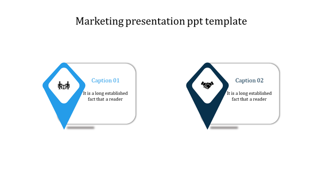 Marketing slide with two blue pointers in light and dark, featuring icons and captions, on a white background.