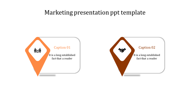 Marketing slide with two pointers in orange and brown, each containing icons and captions, on a white background.