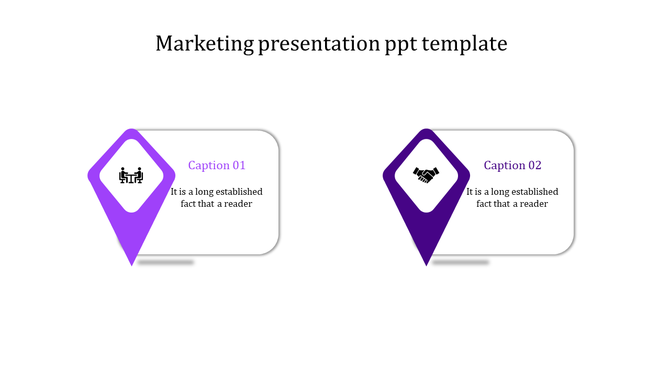 Purple and violet marketing presentation template with diamond shaped icons and corresponding captions.