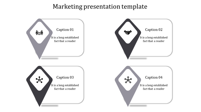 Marketing template with four gray location pin elements, each linked to a text box with business-related icons.