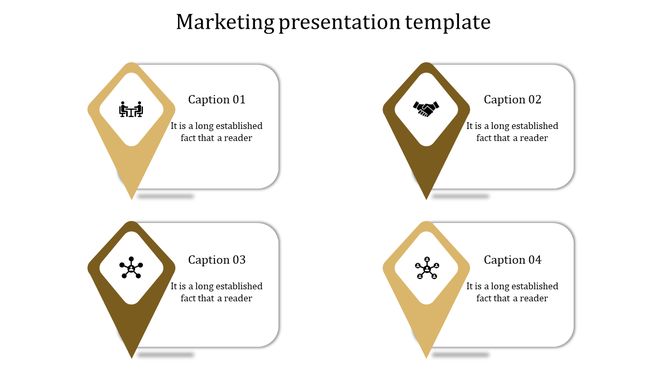 Marketing presentation template with gold and brown icons and captions in diamond shaped designs.