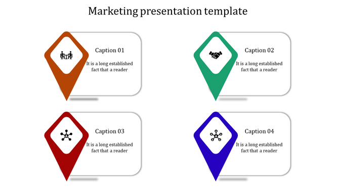 Marketing slide with four colored pointers in orange, green, red, and blue, featuring icons and caption boxes.