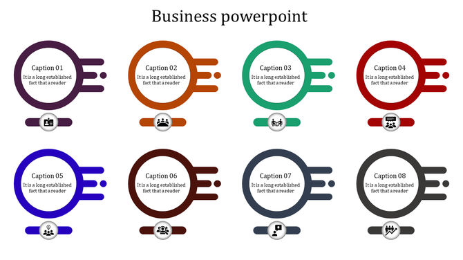 Structured business layout with eight visually distinct steps in different colors, each containing placeholder text areas.