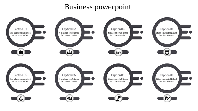 A business PowerPoint slide with eight sections, each with circular icons representing various business themes.