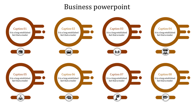 Business timeline slide with eight circles, rightward connectors, and sections representing different corporate functions.