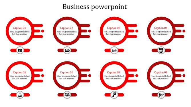 Dynamic business timeline slide with eight circles and forward-extending lines, representing different corporate functions.