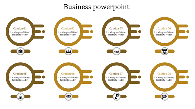 Yellow themed business slide with eight circular icons aligned in two rows, each with captions and horizontal bars.