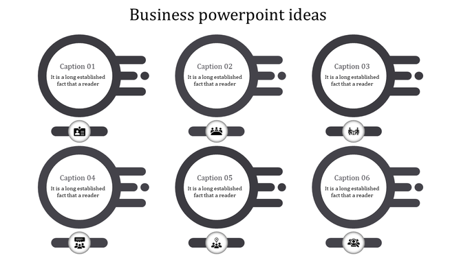 Gray business PowerPoint ideas slide with circular icons for business related functions with captions.