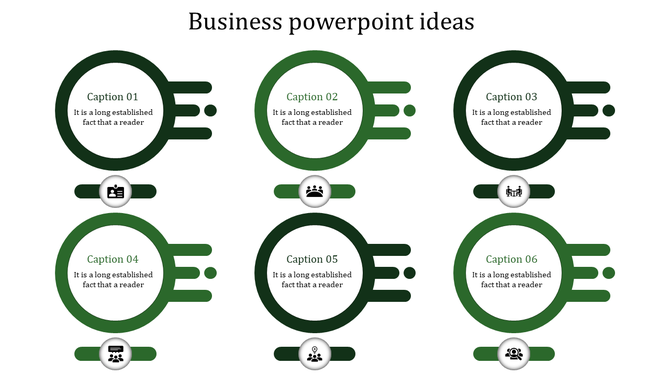 Business PowerPoint ideas slide with six green circular icons, featuring various business related concepts.