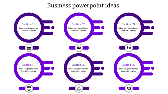 Purple themed business slide with six circular icons aligned in two rows, each with captions and horizontal bars.