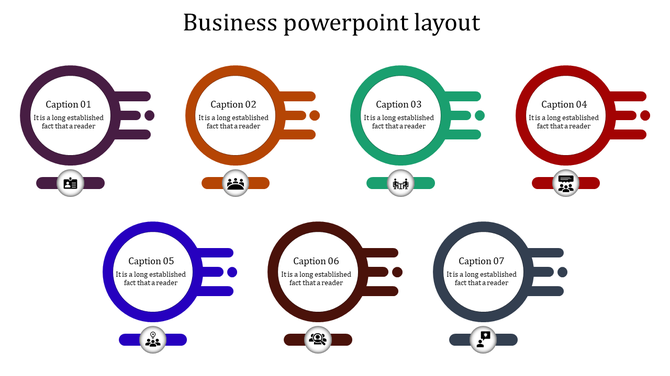 Business PowerPoint layout slide featuring seven colorful circular icons, each representing a different business function.
