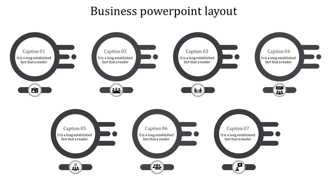 Minimalist business strategy slide showing seven motion-effect black circles with captions and business-related icons.