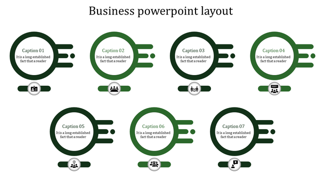 Business strategy roadmap showing seven vibrant green circular elements with connected icons, illustrating different aspects.