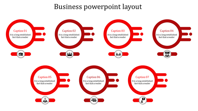 Red themed business slide with seven circular elements, paired with horizontal lines and icons.