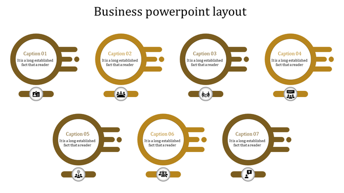 Business PowerPoint slide layout with seven sections, featuring various business related icons with corresponding captions.