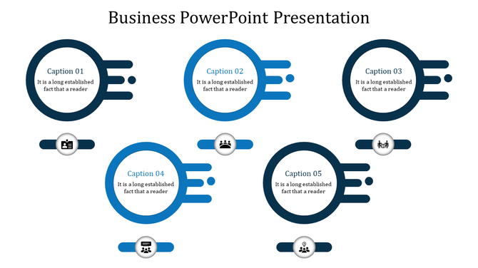 Five-step business infographic with circular elements connected by horizontal lines, each featuring a caption area.