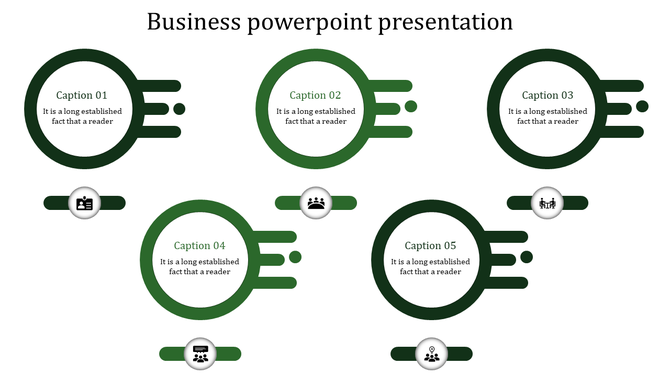 Business slide showcasing five green circles with dynamic streaks and various icons, arranged in a structured format.