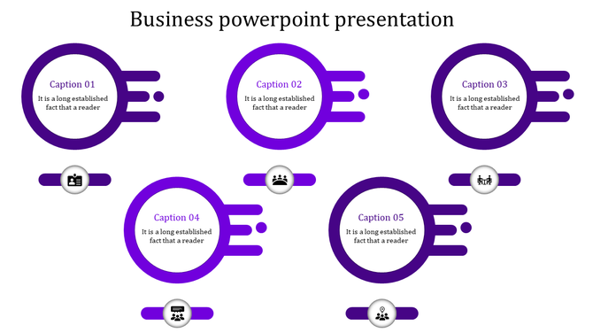 Business strategy flowchart featuring five interconnected circles, each containing a title and description, with icons.