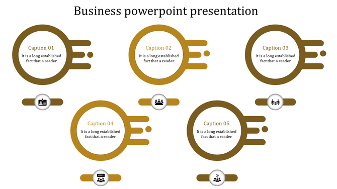 Business slide displaying five interconnected circular shapes with a speed-motion effect, captions inside, and icons.