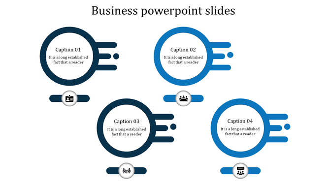 Business PowerPoint slide featuring blue circles with icons representing various business concepts with captions.