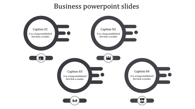 Business strategy flowchart featuring four interconnected circles, each containing a title and description, with icons.