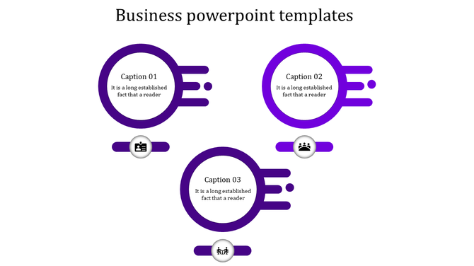 Three-step business infographic with bold purple circular elements, each featuring a speed-motion effect, caption area.