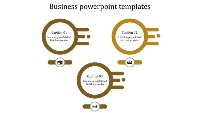 Business PowerPoint template featuring golden circular icons for various business concepts like management and teamwork.