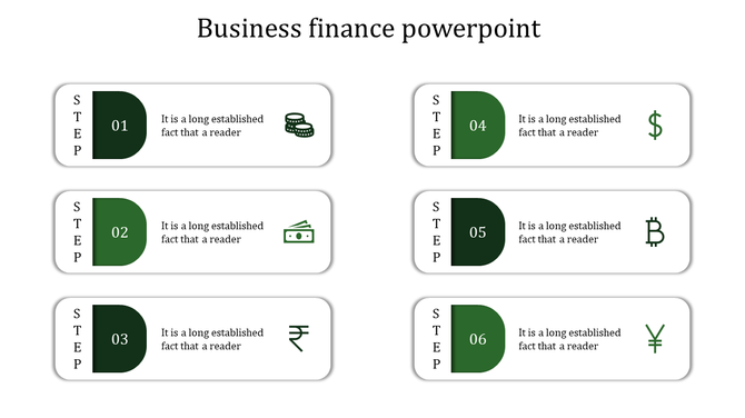 Rectangular blocks in green tones arranged in two columns, illustrating finance steps with relevant icons.