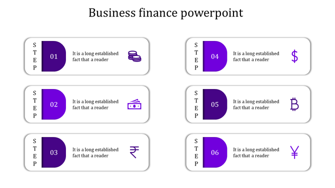 Financial workflow slide template containing six steps with a purple gradient design, numbered sequentially.