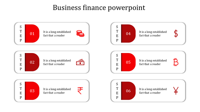 Red themed business template with six rectangular blocks, each showcasing a step and a finance related icon.