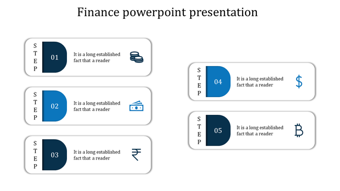 Finance-themed step layout illustrating five horizontal white blocks, each numbered sequentially, with blue monetary icons.