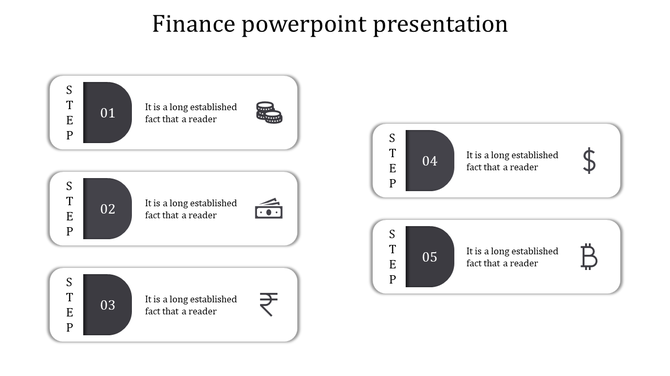 Gray themed finance template with five rectangular blocks arranged asymmetrically, each representing a step with icons.