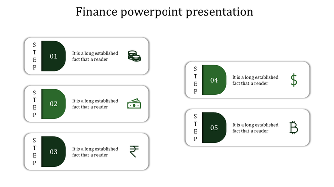 Asymmetrical layout with green blocks illustrating five steps, each featuring a financial themed icon.