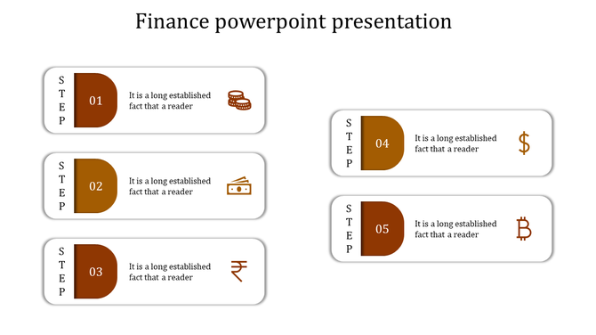 Finance themed PPT slide featuring five steps and icons for coins, paper money, and cryptocurrencies like Bitcoin and dollar.