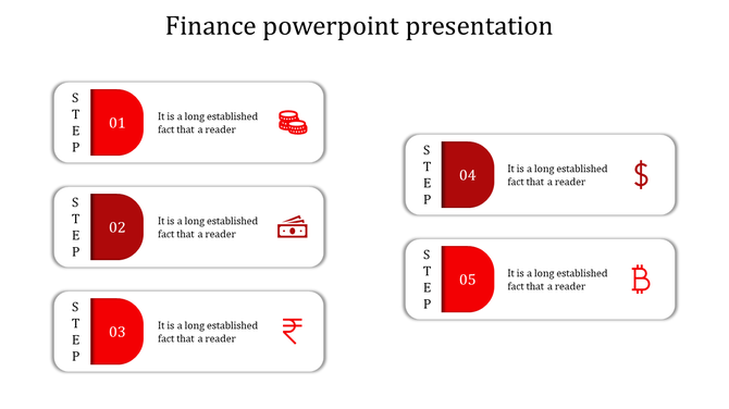Finance slide featuring five colored steps and icons for coins, paper money, and cryptocurrencies like Bitcoin and dollar.