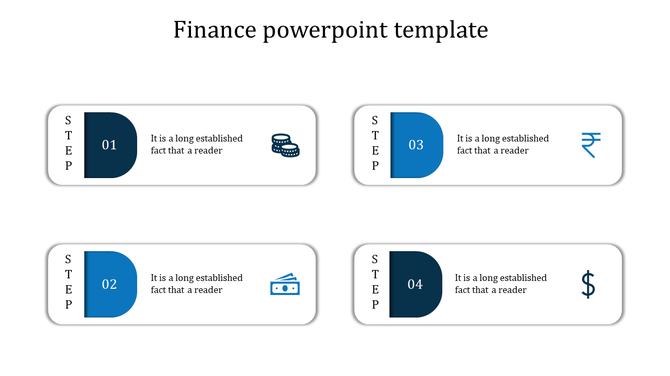 Finance PowerPoint template with four steps and currency icons for coins, cash, rupee, and dollar with placeholder text.