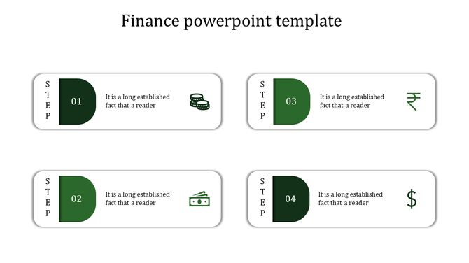 Business finance slide displaying four labeled steps in a horizontal and vertical arrangement, with green currency symbols.