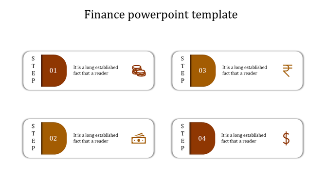 Simple finance themed slide with four rectangular blocks in orange and white, showing numbered steps and icons.