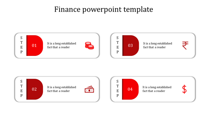 Horizontal layout with four red and white blocks featuring step numbers, icons, and text, representing finance concepts.