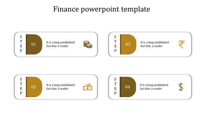 Finance PowerPoint template with four sections, each featuring a number, icon, and space for text.
