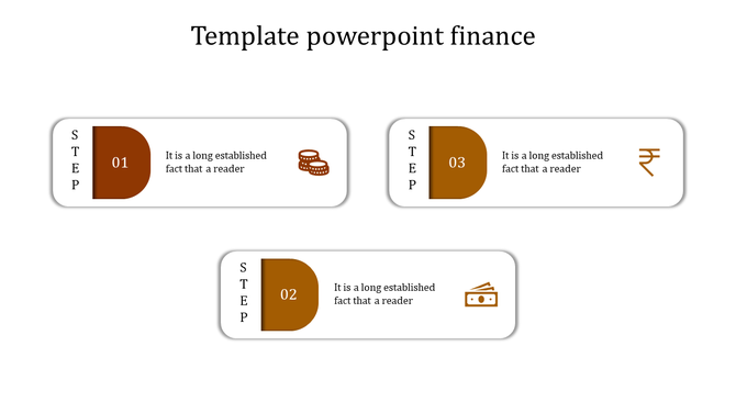 Finance PPT slide with three sections, each featuring a number, icon coins, rupee symbol, and banknote with text.