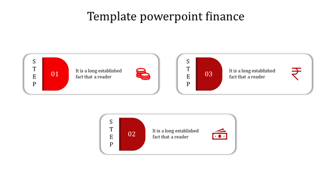 Financial template featuring three numbered steps in red tones, using rectangular panels with rounded corners.