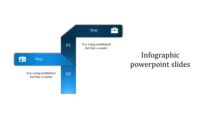 Blue infographic PowerPoint slide showing two steps, each with icons and text for a process flow.