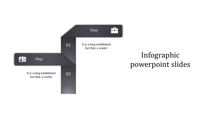 Two-step process infographic with a dark gradient ribbon layout, numbered sections, and icons representing concepts.